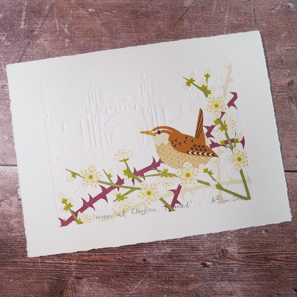 Ash Leaf Printmaking Prints Wren Hand Embossed Lino Print - Limited Edition