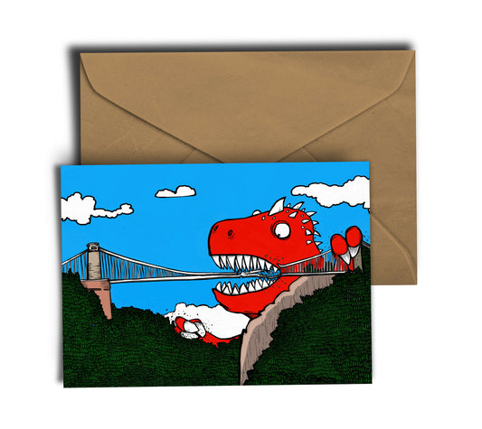 Dixon Does Doodles Greetings Card A6 Greeting Card Dinosaur Vs Bristol's Clifton Suspension Bridge Greetings Card