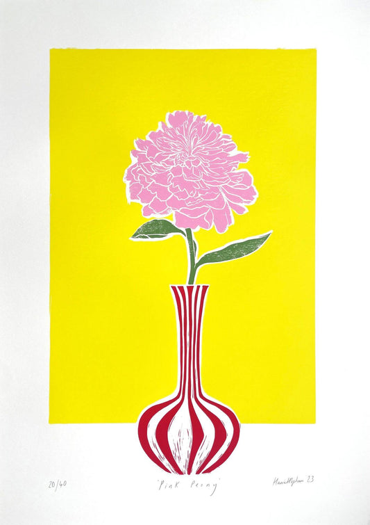 Harriet Popham Print 'Pink Peony' A2 Original Linocut (Framed)