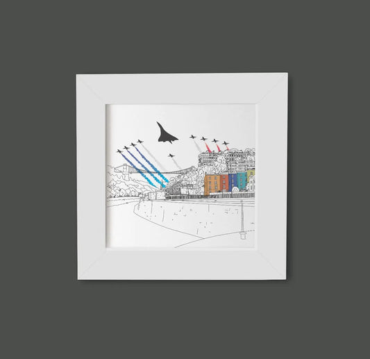 Mustard Cuts Print 10 x 10 cm White Frame Concorde & Suspension Bridge Giclee Print (various sizes)