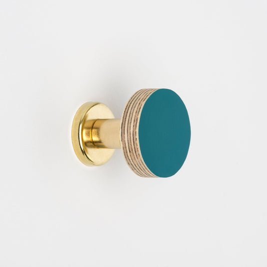 Priormade Cabinet Knob Birch & Brass Knob in Petrol Blue