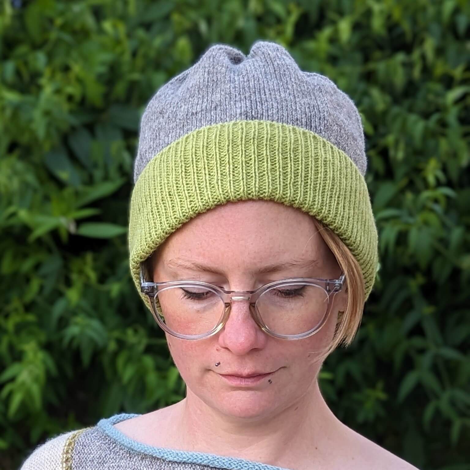 Ria Burns Hat Naturally Dyed Beanie - Weld Green and Grey 100% Lambswool