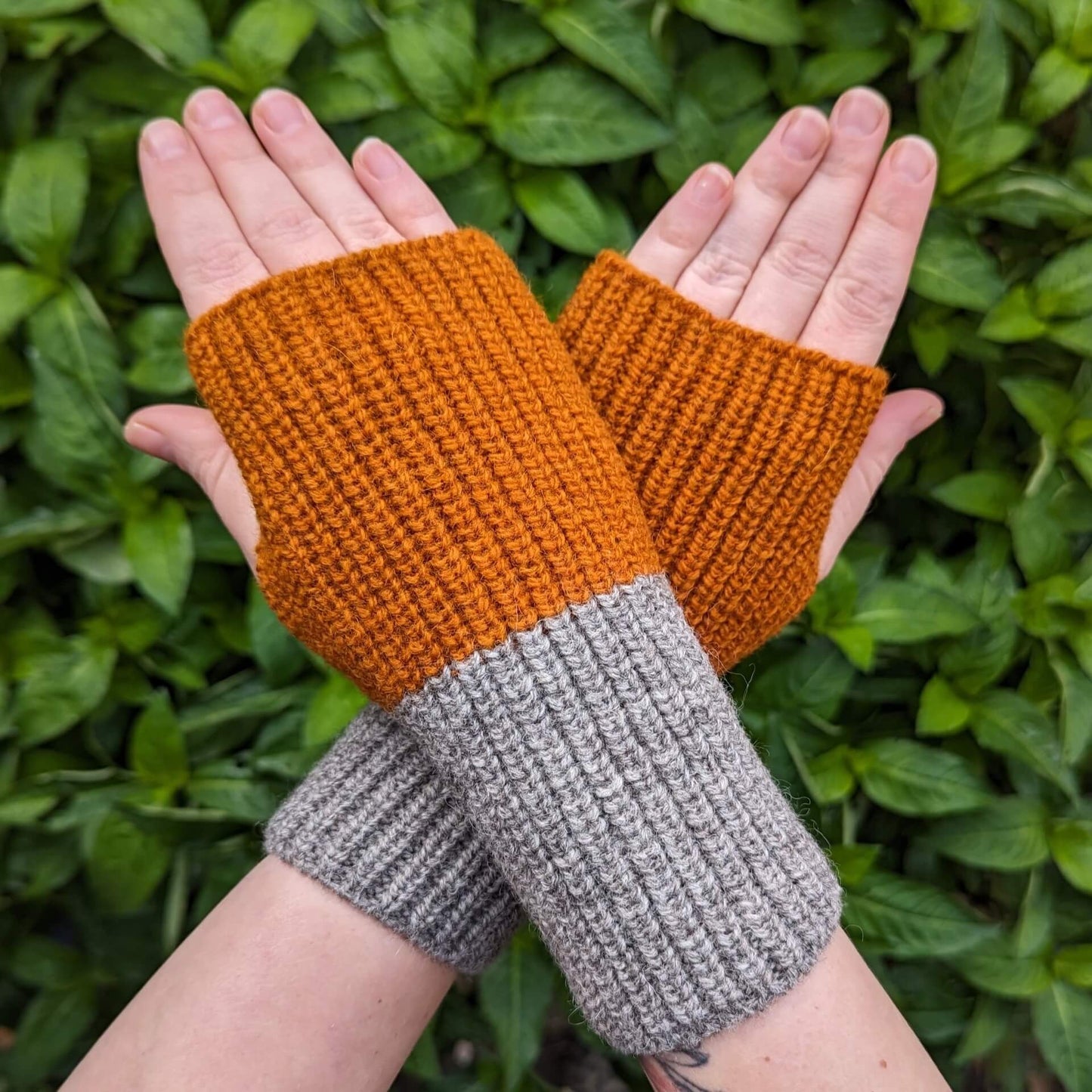 Ria Burns Mittens Fingerless Mittens - Colour Block Coreopsis Orange and Grey