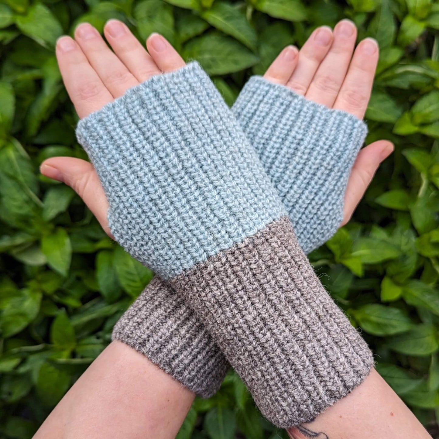 Ria Burns Mittens Fingerless Mittens - Colour Block Indigo Aqua and Grey