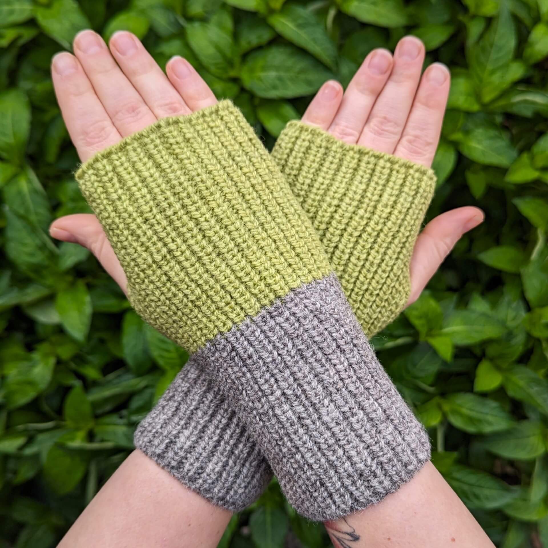 Ria Burns Mittens Fingerless Mittens - Colour Block Weld Green and Grey