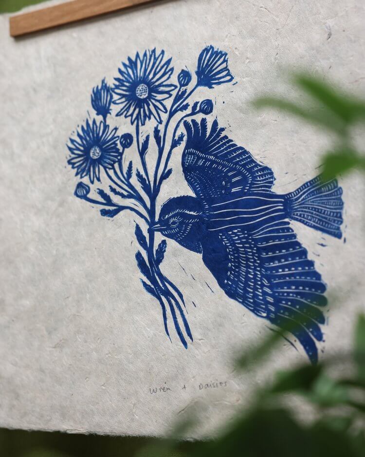 Rosanna Morris Prints Lino Print 'Wren & Daisies' - Two Colours