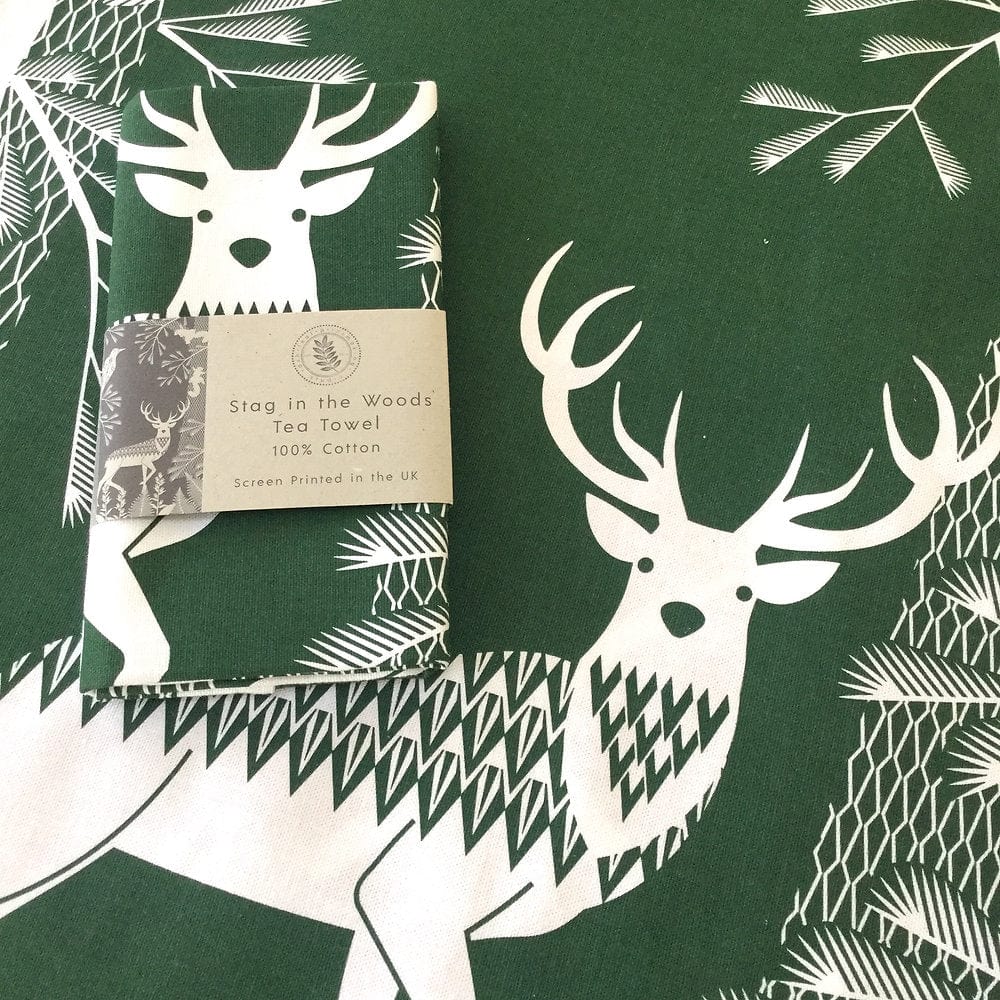 Ash Leaf Printing Tea Towel Stag Tea Towel in Green